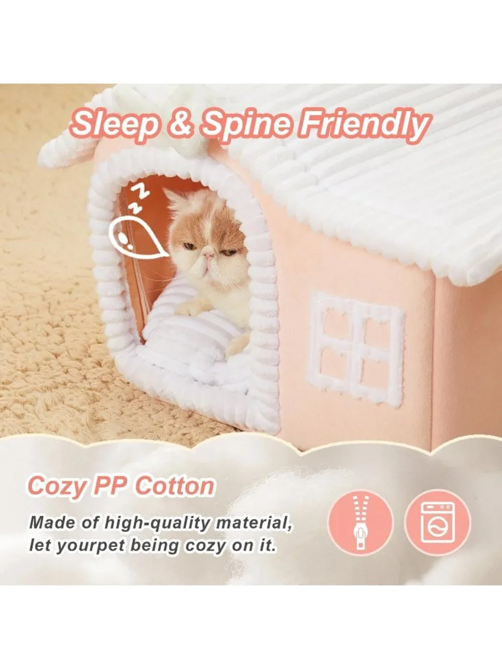 New Pink Cat House with Chimney, Cute Indoor Pet House for Cats 3-10 lbs